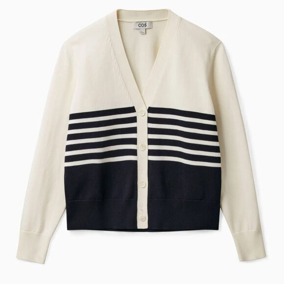 COS Striped Cardigan 100% Cotton V Neck Cream Black Relaxed Fit Size S Preppy - Picture 4 of 16